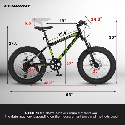 RISOKEYS Kids Mountain Bike 20 Inch, 4" Wide Fat Tire, 7 Speed Ages 8-12 Year Old, Steel Frame Disc Brake Front/Dual Suspension, - Image 2