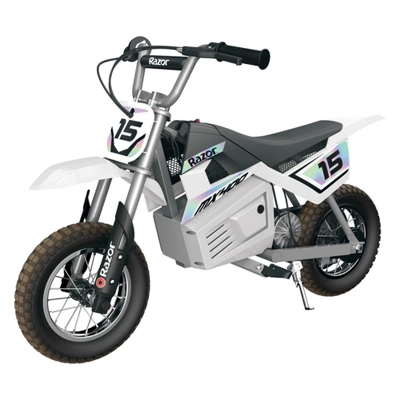 Razor MX400 Dirt Rocket 24V Electric Toy Motocross Motorcycle Dirt Bike With Hand-Operated Brakes And Retractable Kickstand, White