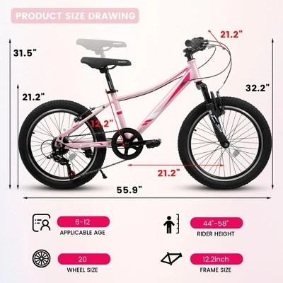 Gulches 20 Inch Kids Bike (4-7 Yrs/100-120cm), 7-Speed, Shock-Absorbing Fork, V-Brakes, 20x2.125 Tires, 85% Pre-Assembled, Tools