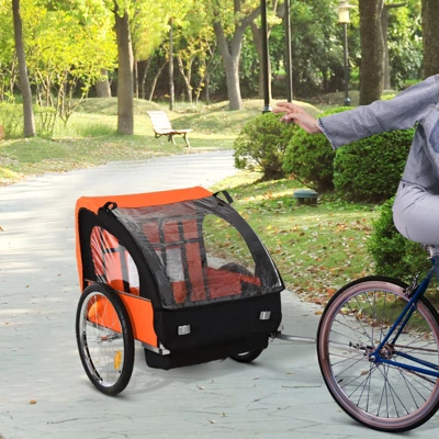 Aosom 2-Seat Child Bike Trailer For Kids With A Strong Steel Frame, 5-Point Safety Harnesses, & Comfortable Seat