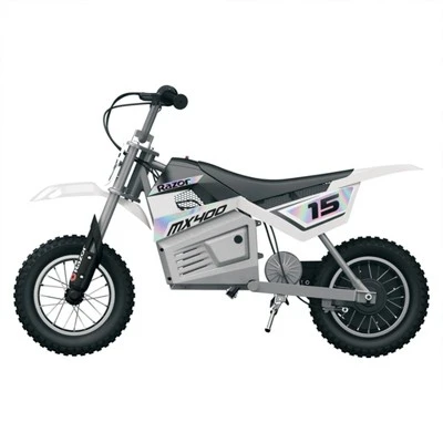 Razor MX400 Dirt Rocket 24V Electric Toy Motocross Motorcycle Dirt Bike With Hand-Operated Brakes And Retractable Kickstand, White - Image 3