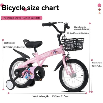 INFURNIC Bicycles 16 Inch Kids Bike With Training Wheels And Adjustable Saddle For Boys And Girls, Pink, 43.3"*20.3"*28.9"
